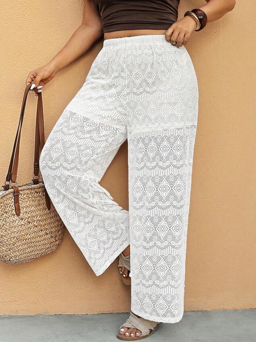 Pantalones holgados de punto con diseño calado, de moda para primavera/verano, pantalones casuales para resort, pantalones de resort de talla grande, pantalones para festival de música, conjunto de festival de música, pantalones largos sexy con di - Albaricoque - Ver 1