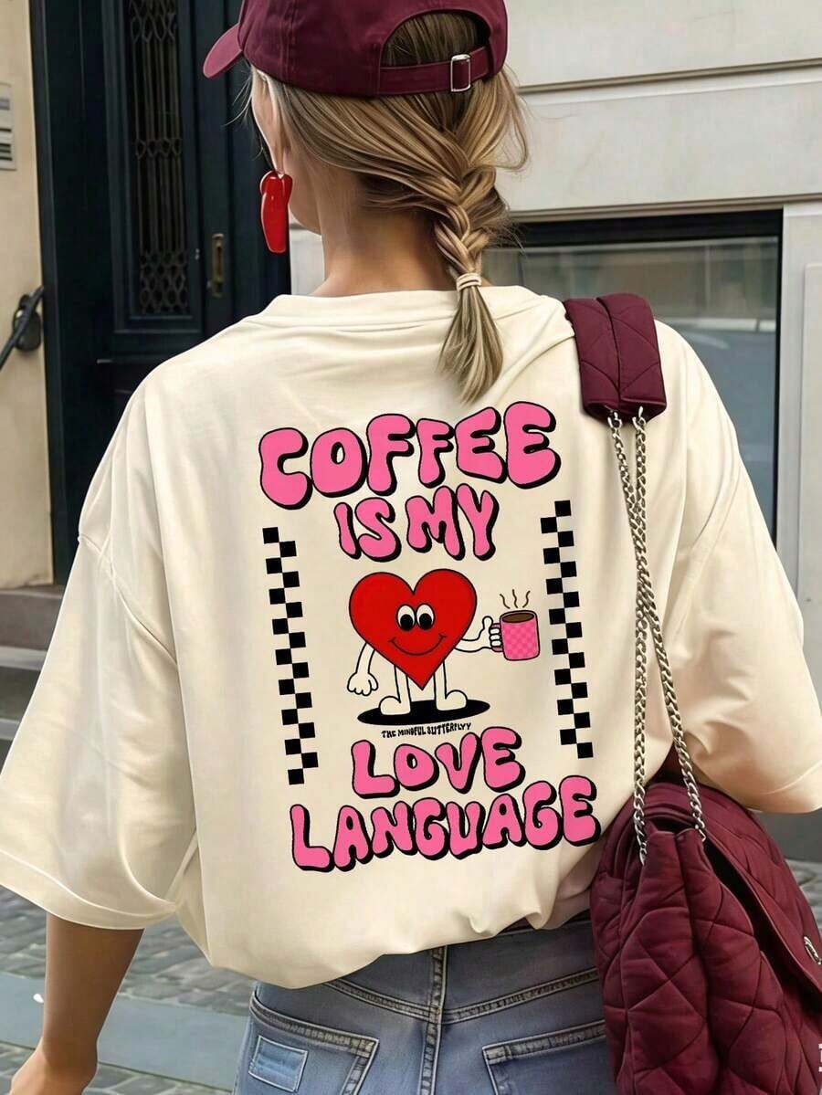 Women's Short-Sleeved T-Shirt With Round Neck And Letter Print, Casual Style, Versatile For Holidays And Everyday Wear, Urban Style, Spring/Summer. - 杏子 2 - 查看 1