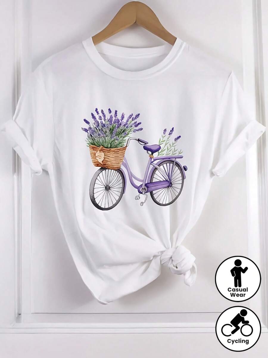 Floral Bicycle Print T-Shirt - Features A White Base With Bicycles And Light Lilac Flowers - Soft And Breathable Crew Neck T-Shirt, Perfect For Everyday Summer Wear And Cycling Occasions - Machine Washable Casual Top, Loose Fit - 白色 - 查看 1