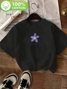 Camiseta con estampado gráfico, manga corta y cuello redondo, top casual para verano y primavera, ropa de mujer - Negro - Ver 7