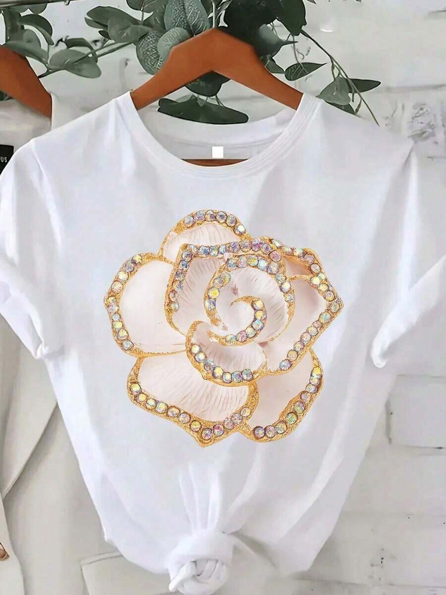 1 Piece Of Men's Loose-Fitting, Breathable T-Shirts With A Simple Floral Print, Stylish Women's T-Shirts. | Floral Pattern In Soft Pink And Gold, Breathable And Skin-Friendly, Suitable For Everyday Casual Wear And Formal Occasions. Minimalist Design, Crew Neck, Comfortable To Wear, Lightweight Texture, Short Sleeve Cut, Fashionable Women's T-Shirts For Summer. 180g 100% Cotton. - 白色 - 查看 1