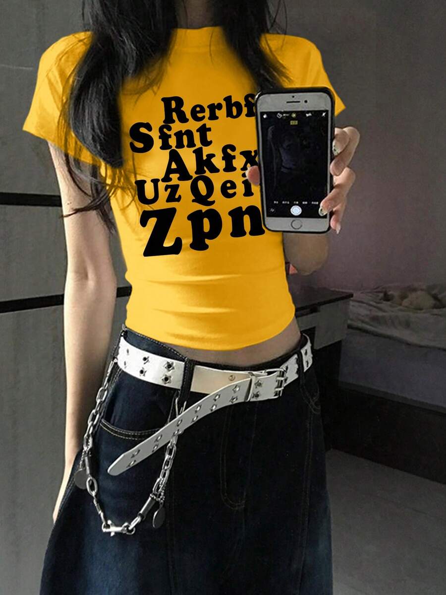 女款黑色字母印花短袖T恤,夏季性感修身短版上衣,休閒黃色 - 黃色 - 查看 1