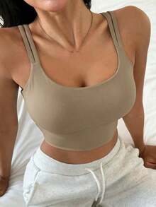 Sujetador deportivo minimalista de unicolor y de peso ligero que da forma para mujeres - Marrón - Ver 4