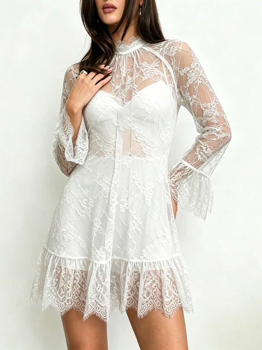 Women Sheer Lace Mini Dress Loose Layered Long Sleeve See Through Short Dresses for Party Club - Blanco - Ver 1