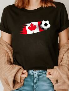 Canadian Flag With Red Maple Leaf Fused With Soccer Ball Symbolizing Sporting Passion And National Pride. Comfortable, Modern Casual Women's T-Shirt - 黑色 - 查看 1
