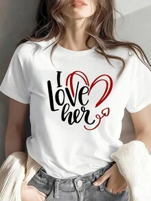 Women's "I Love Her" Letter Print T-Shirt - Short Sleeve T-Shirt With Romantic Heart And Handwritten Love Letter, Casual Spring/Summer Top, Valentine's Day Gift Or Casual Wear (Medium Elastic Crew Neck) 19SJ - 白色 - 查看 6