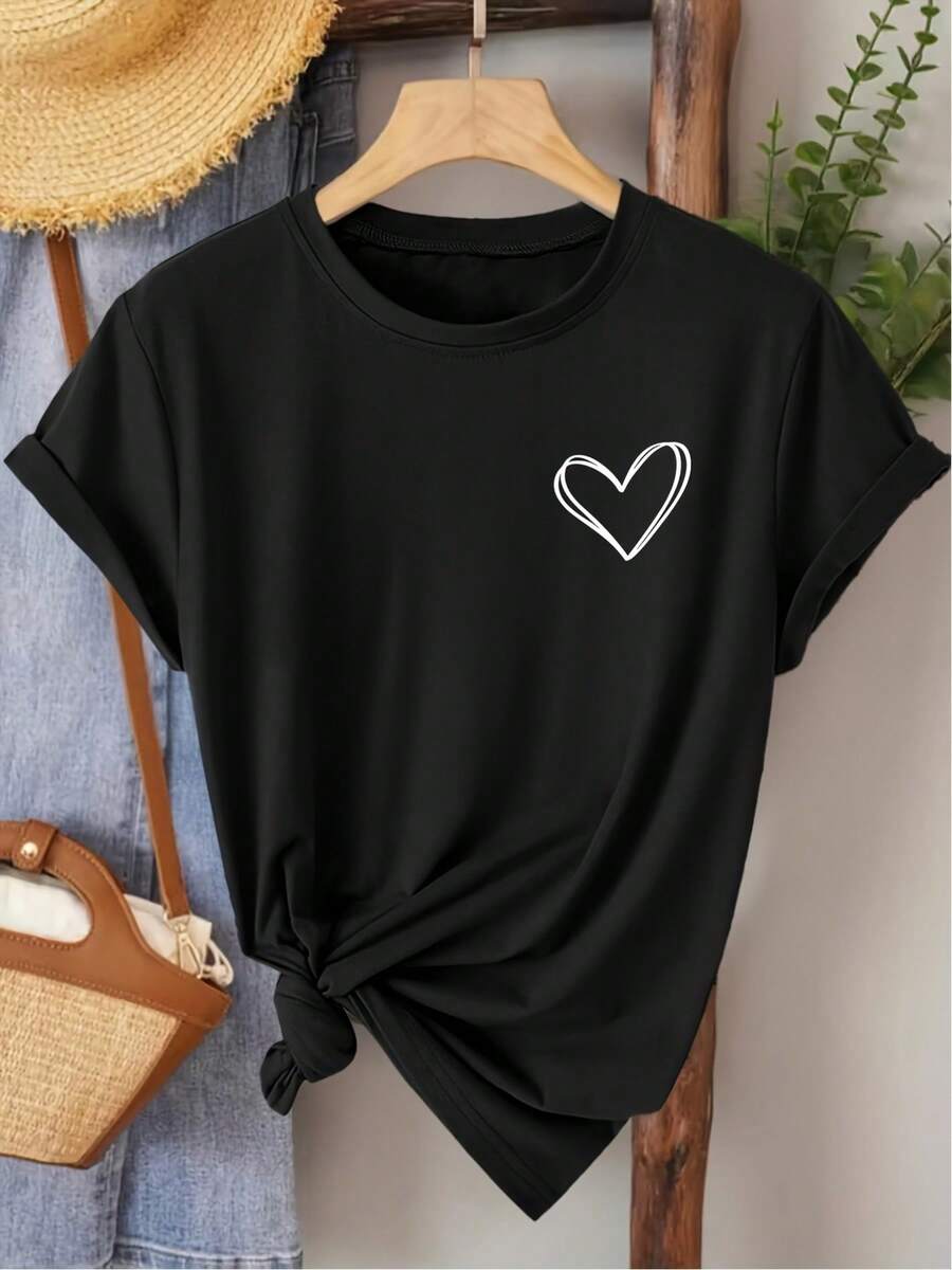 Printed Short Sleeve T-Shirt, Loose Fit, Unisex, Plus Size, Black With Purple Flowers, Love Yourself Brand - 黑色 - View 1