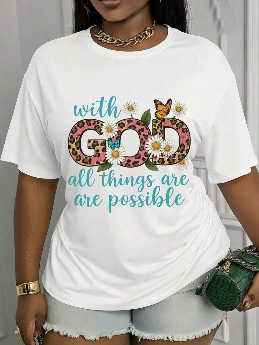 Gift: 1 White Women's T-Shirt With Daisy And Butterfly Print, Round Neck, Casual Cotton T-Shirt, Medium Stretch Knit Fabric, Regular Fit For Ladies, Ideal For Spring/Summer/Autumn, Soft. - 白色 - 查看 1