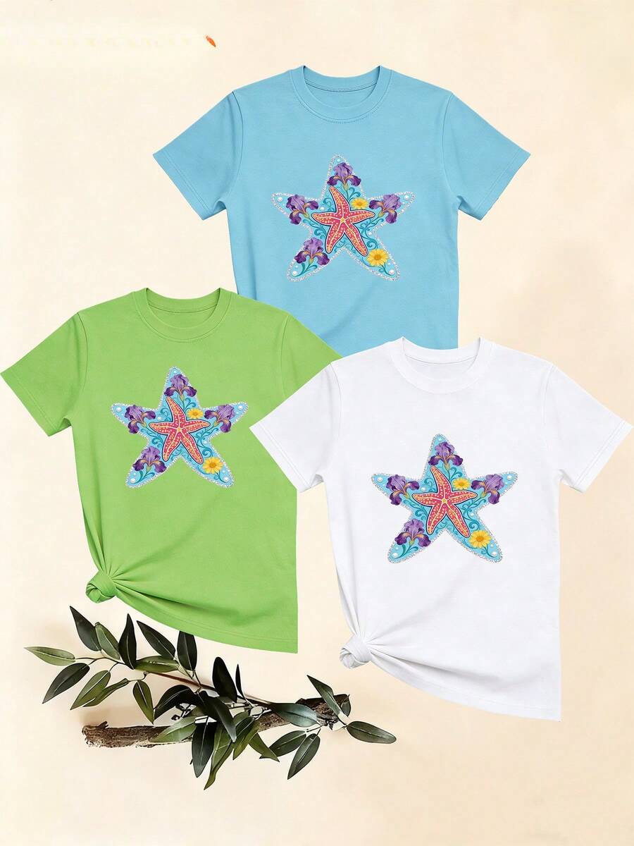 Women's T-Shirts, Women's T-Shirts, Casual One-Piece T-Shirt With Unique Starfish And Floral Print Design, Comfortable And Breathable Short-Sleeved Top, Fashionable And Versatile. - 1件白色隨機圖案 - 查看 1