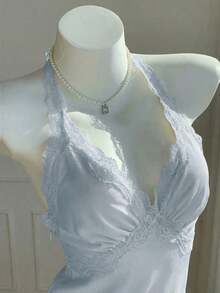 Top halter sin espalda con parches de lunares y encaje para mujer - Azul - Ver 3