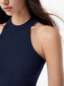 Camiseta sin espalda acanalada con bajo curvo de color azul marino, camiseta sin espalda de uso diario casual, camiseta ajustada de mujer de color azul marino - Azul marino - Ver 6