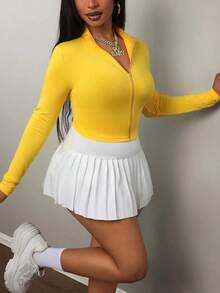 Chaqueta básica casual de ajuste ceñido con cremallera, cuello en V y manga larga para otoño/invierno - E - Amarillo - Ver 7