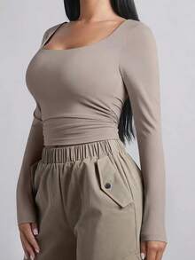 Camiseta crop de cuello cuadrado fruncido lateral - Gris - Ver 3