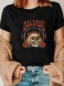 1 Piece, Classic And Versatile Pure Cotton Short-Sleeved T-Shirt, With Feminine Skeleton Flaming Rose Design, Modern Style, Suitable For Wearing In Any Season - Black - View 1
