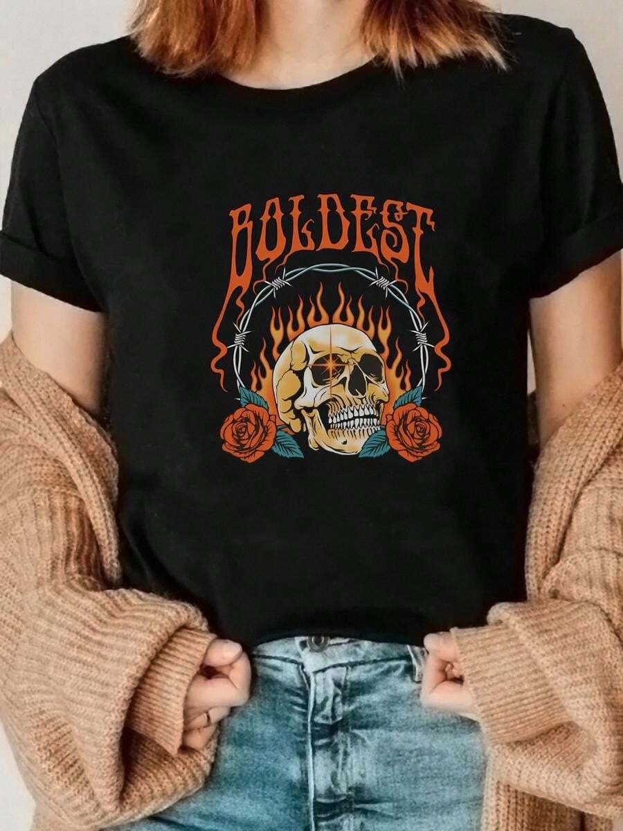 1 Piece, Classic And Versatile Pure Cotton Short-Sleeved T-Shirt, With Feminine Skeleton Flaming Rose Design, Modern Style, Suitable For Wearing In Any Season - Black - View 1
