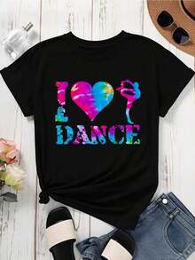 1 Piece Women's Round Neck T-Shirt With "I Love Dance" Print And Tie-Dye Effect, Short Sleeve, Casual Dance Practice Clothing, 180g, 100% Cotton. - 黑色 - 查看 3