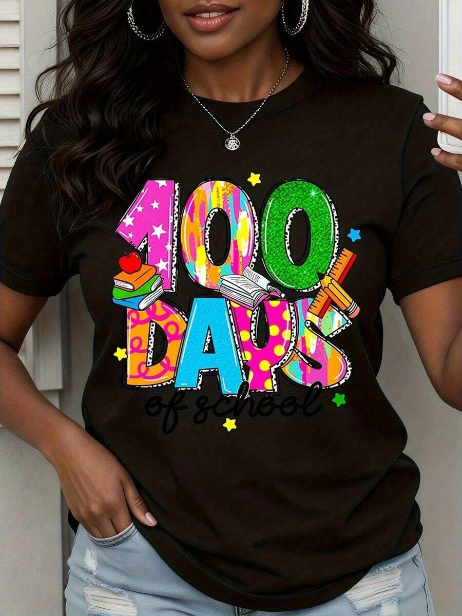 1 Piece "100 Days Of School" T-Shirt With Colorful And Bright Design For Children, Teachers And Students, Celebratory Gift, Wearable Art, Fun Educational Themed T-Shirt, 180g, 100% Cotton. - 黑色 - 查看 1