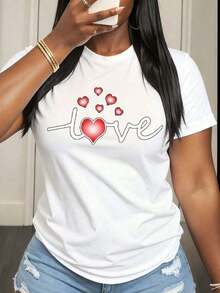 1 Piece Women's T-Shirt With Heart Print And Love Text, Casual And Modern Style, Round Neck, Soft And Comfortable, Perfect For Daily Wear, Parties And As A Gift. 180g 100% Cotton. - 白色 - 查看 6