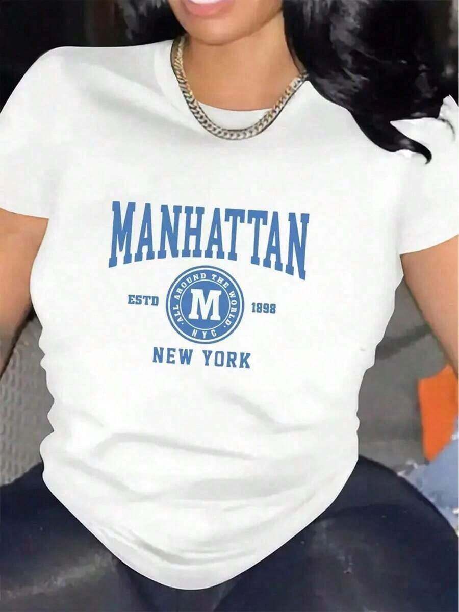 Premium Unisex Casual T-Shirts, Manhattan Graphic T-Shirt For Men And Women, White, Crew Neck, Short Sleeve With Bold Letter Print, Casual And Comfortable Fit For Casual Outfits - Unisex, Suitable For Casual Daily Outings, Short Sleeve Summer T-Shirt, Retro Y2K Print T-Shirt - 白色 - 查看 1