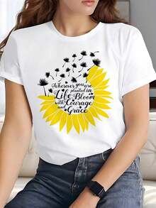 Women's White T-Shirt With Sunflower Graphic And Motivational Phrase, Floral Aesthetic Short Sleeve T-Shirt, Modern Top Of Positivity And Courage, Casual Summer Blouse With Flower - 白色的 - 查看 6