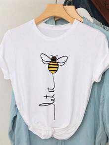 Camiseta de moda de manga corta con cuello redondo, estampado floral minimalista y casual, talla grande - Blanco - Ver 3