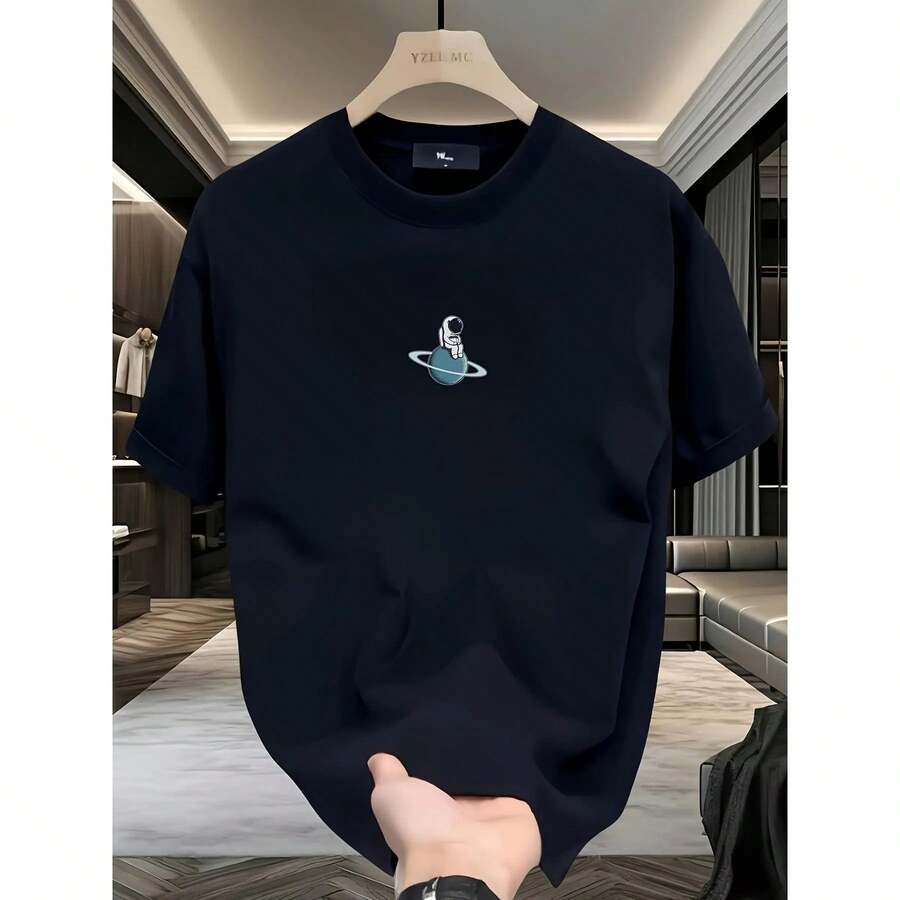 Camiseta Gráfica de Algodón 100% de Alto Gramaje para Hombre, Estampado de Planetas del Sistema Solar, Manga Corta Casual, Cuello Redondo, Top de Verano para Adolescentes y Jóvenes Adultos, Lavable a Máquina, Corte Regular, Estilo Urbano, Suave - Negro - Ver 1
