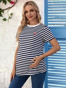 Camiseta De Maternidad De Cuello Redondo A Rayas De Manga Corta Para Verano - Azul - Ver 4