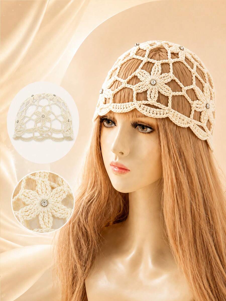 1 chiếc mũ len móc rỗng cho nữ, họa tiết hoa lấp lánh, khăn xếp ren đính đá, kiểu dáng bohemian nhẹ nhàng. - A - Xem 1