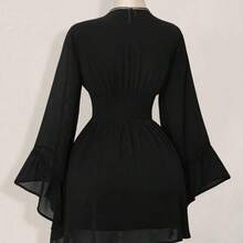 ICON Women's Halloween Goth Black Corset Solid Color V-Neck Waist Cinched Elegant Long Sleeve Mini Dress,Fall/Winter  Bell Sleeve Dress Black Dress With Sleeves,Thanksgiving Outfit For Women - Blanco - Ver 11