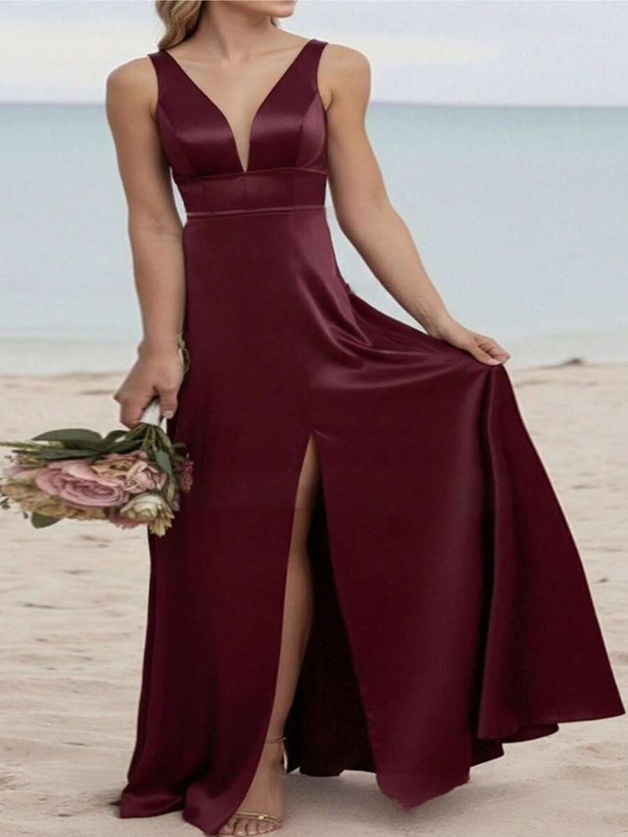 Spring 2026 Dress, Elegant Plain Dress With Slit, French Style Strapless Dress - 玫紅色 - 查看 1
