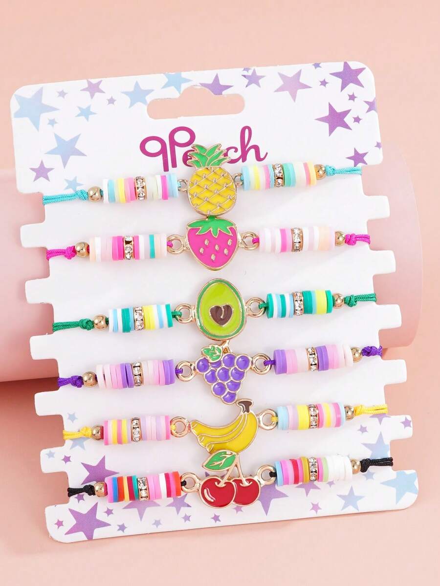 Set de 6 pulseras ajustables con colgantes de frutas de verano, cuentas de arcilla polimérica de durazno y sandía, regalo para niñas - Multicolor - Ver 1
