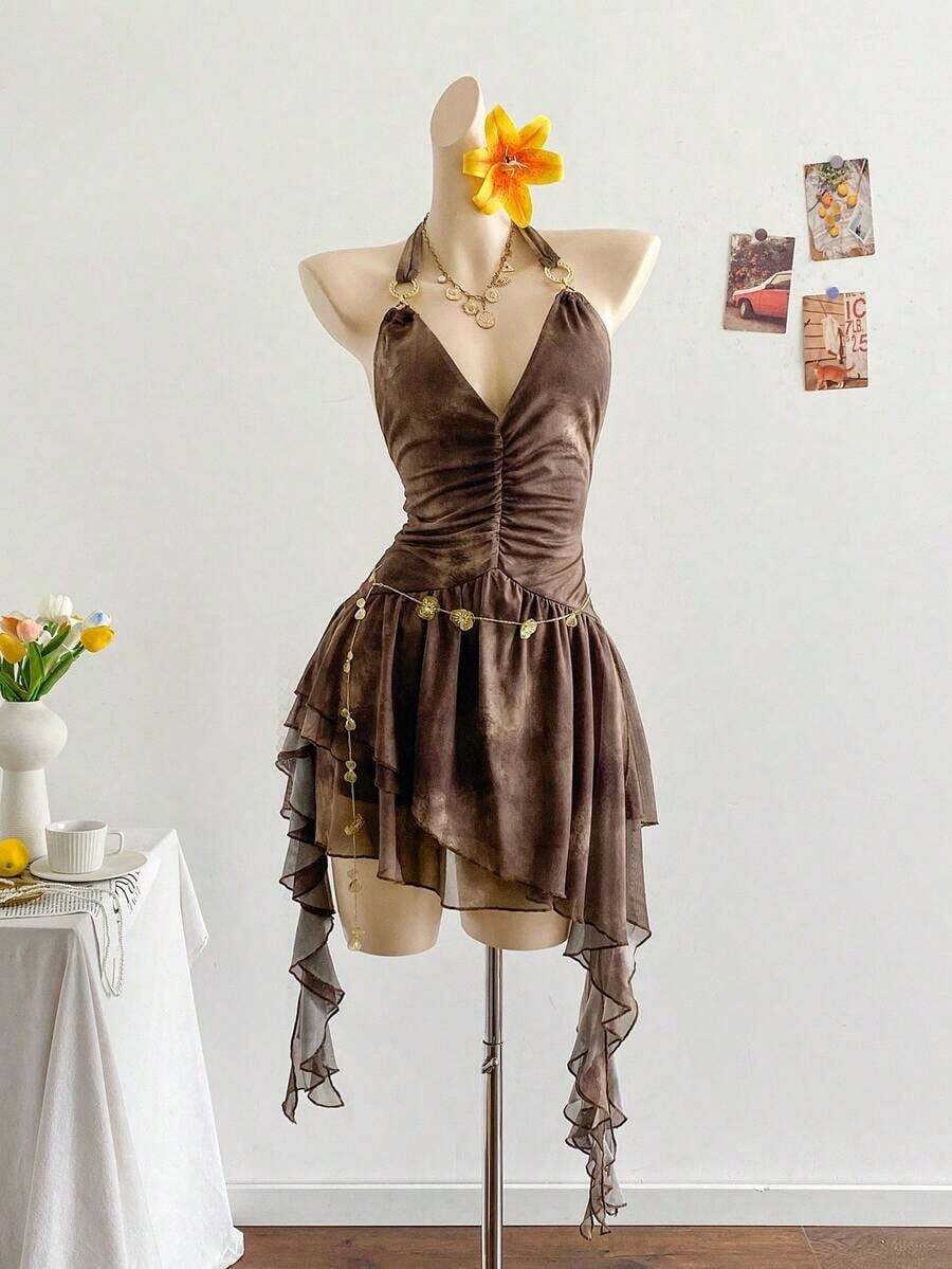 Vestido azul impreso de malla de punto con escote de halter romántico de vacaciones para mujeres - Marrón - Ver 1