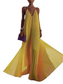 Vestido vacacional de tirantes con escote V profundo, espalda descubierta, pliegues y falda amplia, estilo europeo y americano - Amarillo - Ver 5