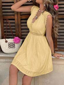 Frenchy Vestido corto casual elegante de mujer de unicolor con contraste de encaje y mangas farol - Albaricoque - Ver 4