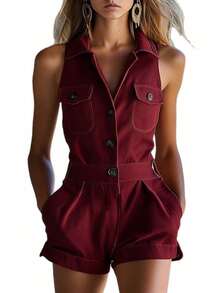 New Summer Women's Short Jumpsuit, Fashionable, Cowboy Style, Sleeveless, V-Neck, Button Front, Flattering Design, Perfect For Casual And Daytime Looks - 深紅色 - 查看 2