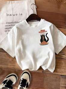 Camiseta Casual Blanca de Talla Grande con Cuello Redondo, Estampada con Gráfico de Gato "Más Pasta, Menos Estrés" para Verano - Blanco - Ver 2