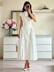 Vestido elegante sin mangas diseño lunares entallado para mujer - Blanco - Ver 1
