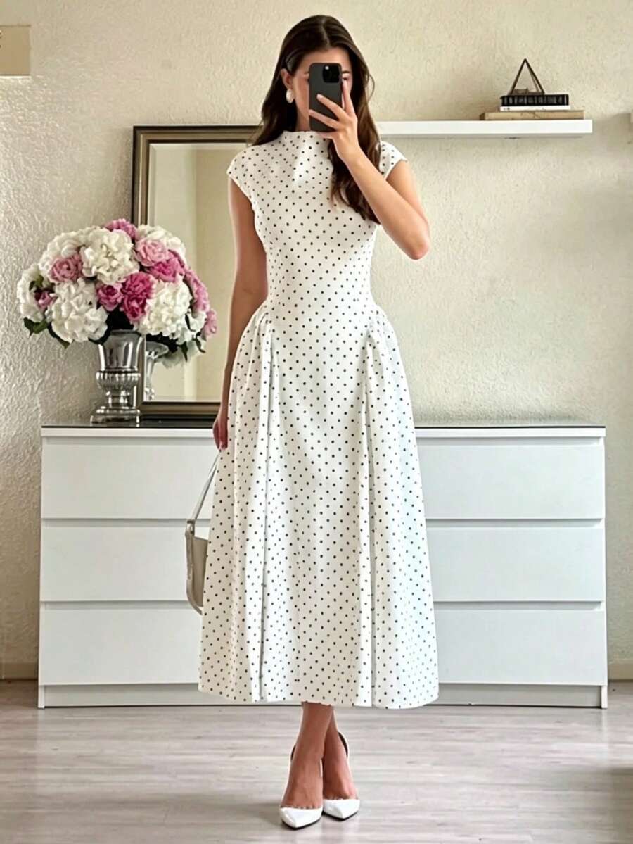 Vestido elegante sin mangas diseño lunares entallado para mujer - Blanco - Ver 1