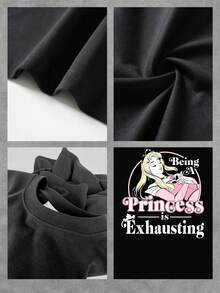 Illustration Of A Blonde Princess Resting With A Sweet Expression And A Funny Message Expressing Tiredness Of Being Perfect, Reflecting Humor And Feminine Charm. Comfortable Casual Women's T-Shirt For Everyday Wear - 黑色 - 查看 4