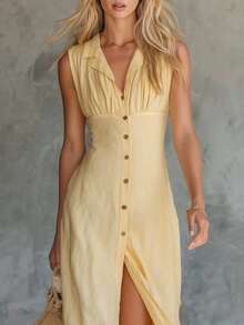 Light Yellow Linen And Cotton Blouse With Retro Lapels And Front Closure, Long Skirt - 黃色 - 查看 2
