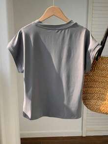 Set de 3 camisetas casuales de mujer de cuello redondo y unicolor, versátiles para uso diario - Gris - Ver 2