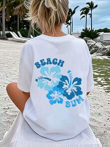 Camiseta de verano con estampado floral BEACH BUN para mujer, camiseta casual de manga corta con cuello redondo para mujer, adecuada para vacaciones y uso diario - Estilo vintage urbano, camiseta unisex de algodón suelto de manga corta con cuello redondo, blusas para mujer. blusas.blusas casuales para dama. - Blanco - Ver 2