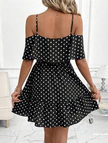 Vestido corto elegante de mujer con cuello en V, volantes, cintura y línea A, con estampado de lunares marrones y hombros descubiertos - Blanco y Negro - Ver 3