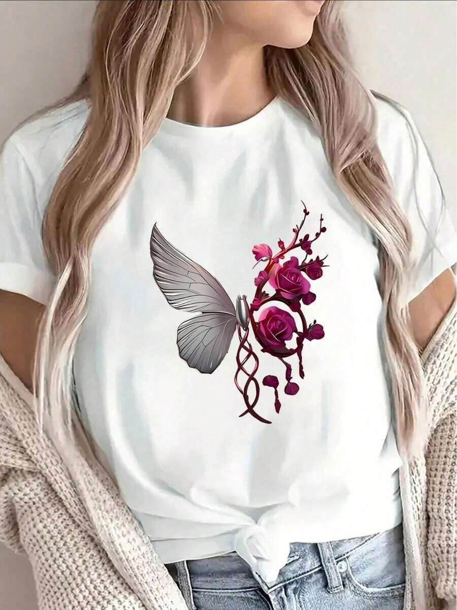 Camiseta de manga corta% algodón suave con diseño de mariposa y rosa, ligera y duradera, perfecta para uso casual en casa, en un café o en actividades al aire libre, ajuste cómodo para uso diario. Camiseta de algodón transpirable, combina con todo. - Blanco - Ver 1
