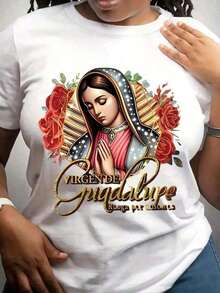 1 Piece Fashion Casual T-Shirt For Men And Women With Religious Print Of The Virgin Of Guadalupe, Catholic Faith Symbol Design, For Outdoor Activities And Casual Wear, Short Sleeve Sport Style For All Seasons - Very Versatile, Easy To Match, For Daily Wear, Urban Style, Holiday Wear, Weekend Wear. - 白色 - 查看 7