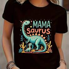 Camiseta de Mujer con Estampado de Dinosaurio y Cactus - Cuello Redondo, Ajuste Holgado, Blusa Casual Lavable a Máquina - Ropa Cómoda (Tejido Suave y Elástico) - Negro - Ver 2