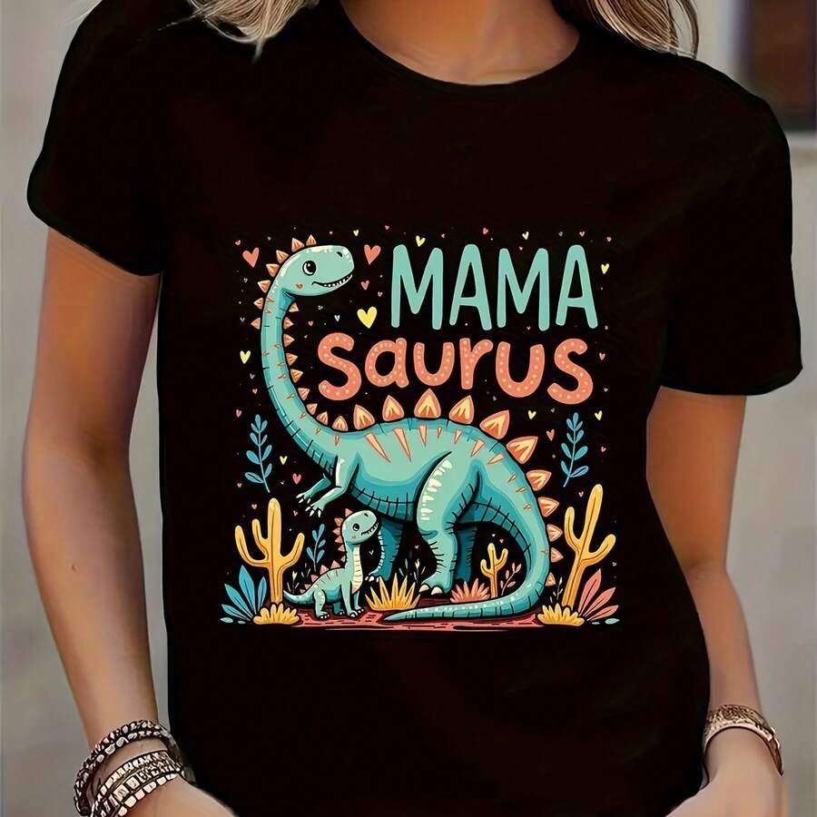 Camiseta de Mujer con Estampado de Dinosaurio y Cactus - Cuello Redondo, Ajuste Holgado, Blusa Casual Lavable a Máquina - Ropa Cómoda (Tejido Suave y Elástico)