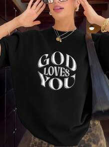 Women's Christian Faith T-Shirt - God Loves You - Inspirational With Bible Verse - Soft, Breathable, And Loose Fit - Everyday Church Wear - 黑色 - 查看 1