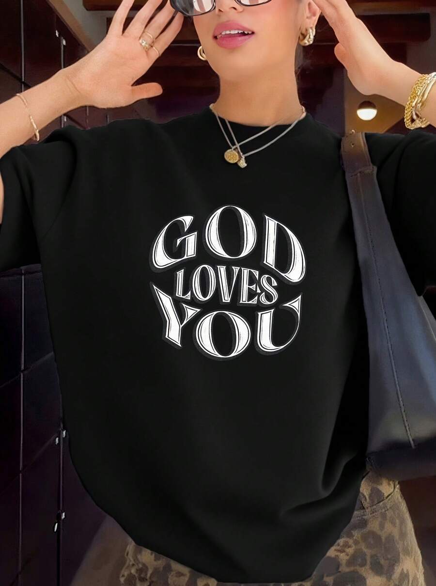 Women's Christian Faith T-Shirt - God Loves You - Inspirational With Bible Verse - Soft, Breathable, And Loose Fit - Everyday Church Wear - 黑色 - 查看 1