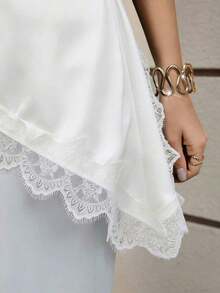 Women's T-Shirt With Ruffled Collar And Lace, Elegant And Fashionable, Suitable For Valentine's Day, Weddings, Holidays, Casual Outings, Parties, With An Asymmetrical Hem And Stretchy Fabric - 白色的 - 查看 3
